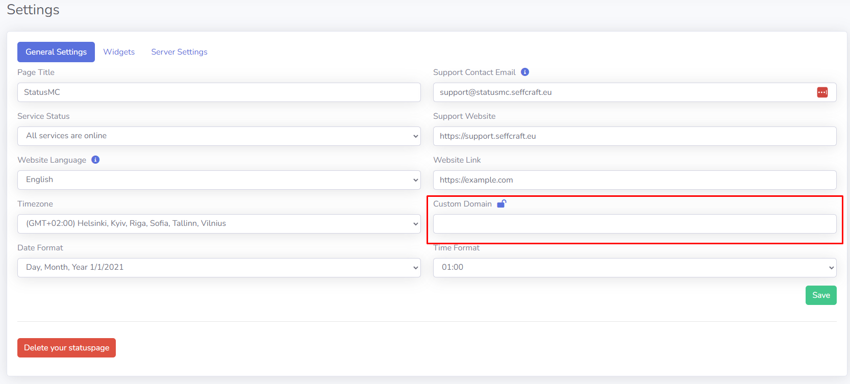 Custom Domain setup on StatusMC