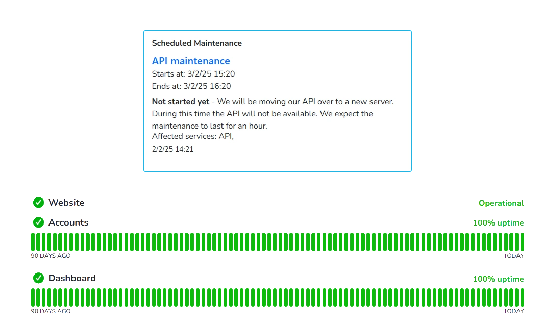 An example of a scheduled maintenance on StatusMC's statuspage