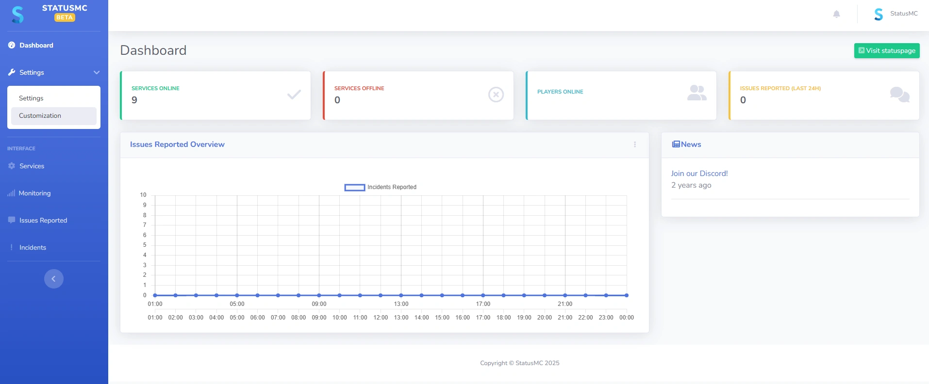 Going to customization page in StatusMC's dashboard