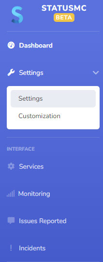 StatusMC Dashboard settings section